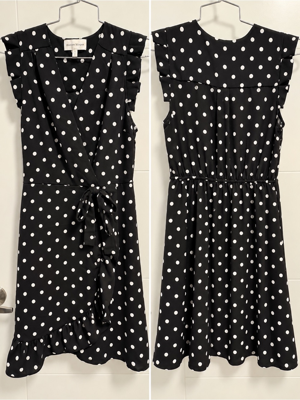 Black and White Polka Dot Wrap Midi Dress with Ruffle Hem